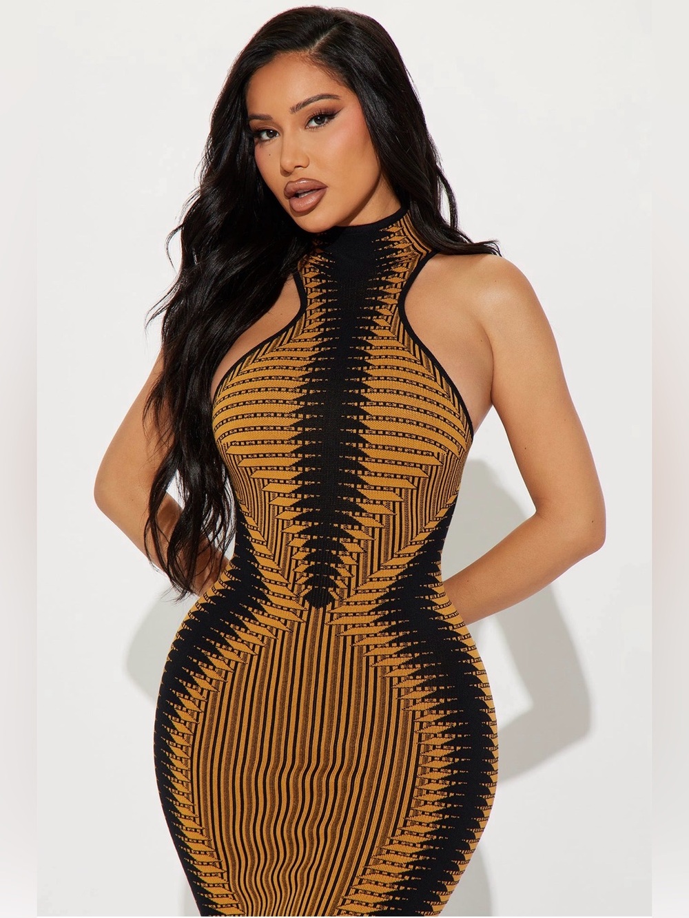 Fashion Nova Black & Mustard Halter Midi Dress SOLD OUT ONLINE‼️ - Picture 2 of 6